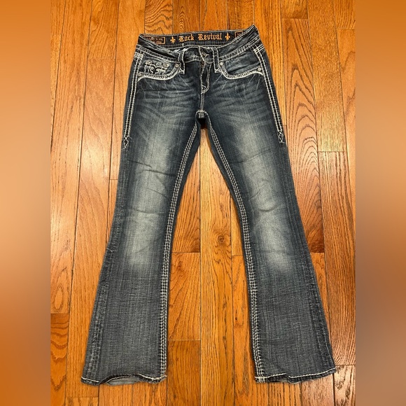 Rock Revival Jeans Blue Kai Boot Distressed Embellished Buckle Denim Womens 26 - Picture 3 of 11